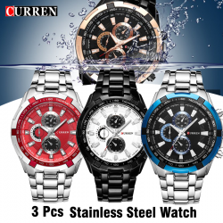 3 Pcs Curren Stainless Steel Watch For Men,8023,Silver red